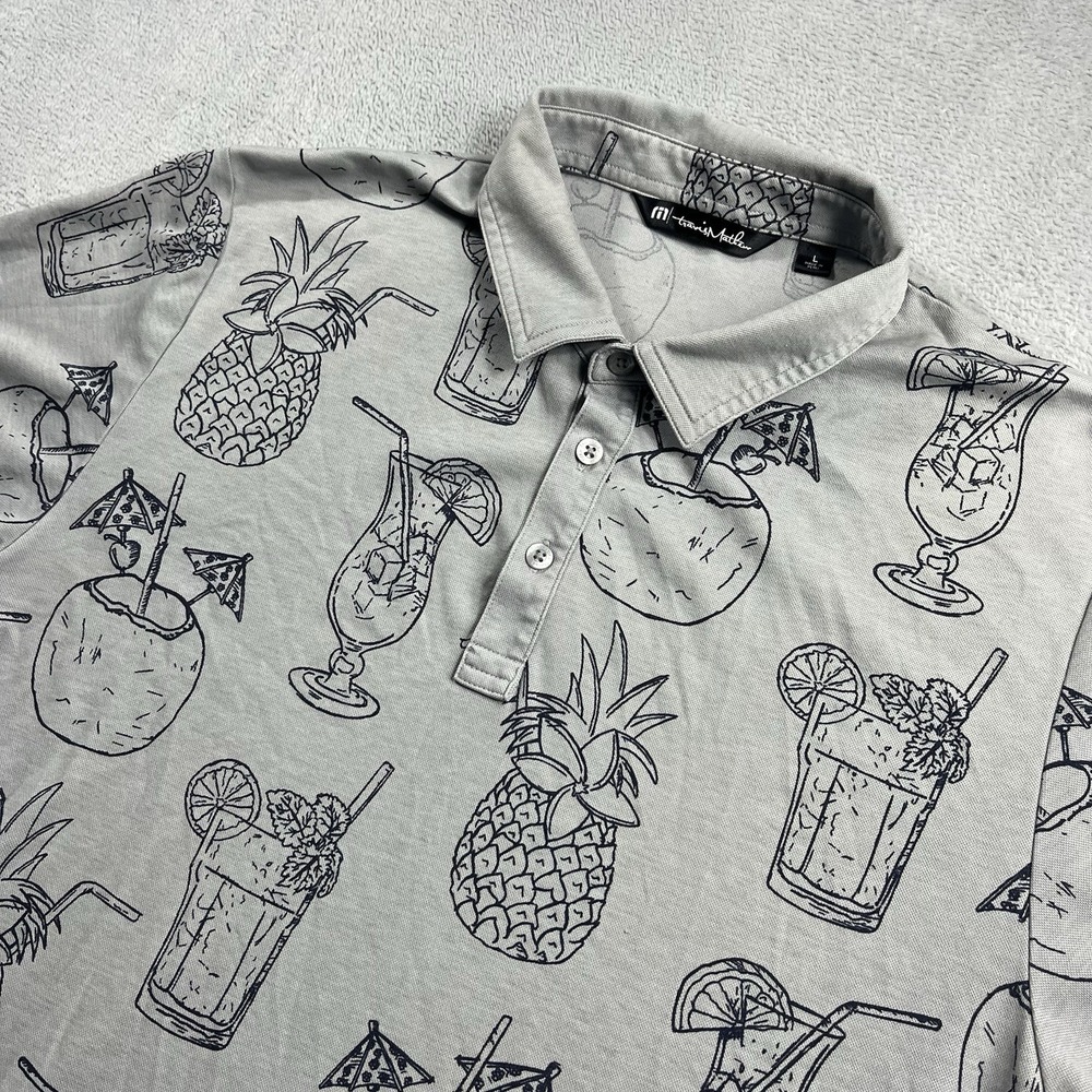 Travis Mathew Polo Shirt Mens Large Gray Pineapple Cocktail Drink Golf Stretch